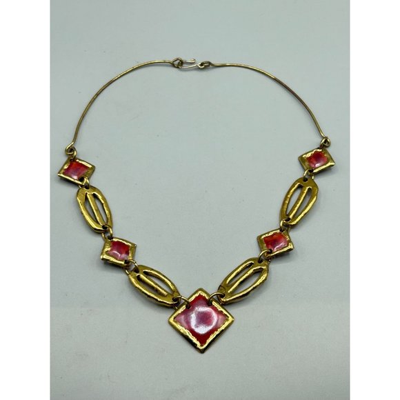 Vintage 70s Brutalist Necklace Handcrafted Brass & Enamel Statement Jewelry - Picture 5 of 6